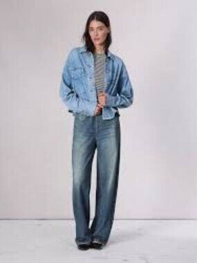 Mila Rosabella Light Blue Denim Print Classic Wide-Leg Sweatpants Women's L Pull